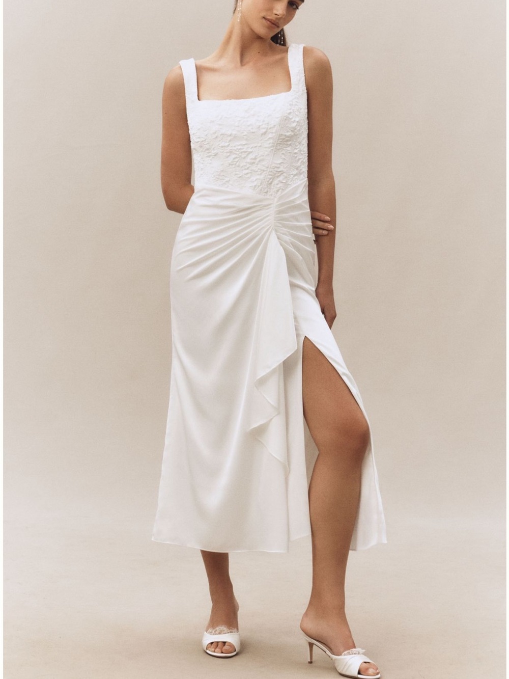 BHLDN White Square-Neck Midi Dress with Side Ruched Drape and High Slit